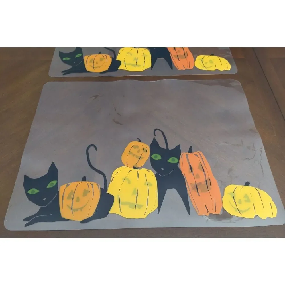 HALLOWEEN Crate & Barrel Black Cat‎ Jack-O-Lantern Coffee Mugs Matching Mats 4Pc